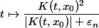 t \mapsto \dfrac{K(t, x_0)^2}{|K(t, x_0)| + \varepsilon_n}